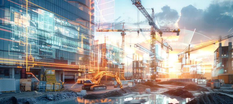 A futuristic construction site, with cranes and excavators working against a backdrop of a city skyline. Augmented reality overlays depict digital blueprints and project progress