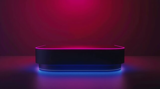 Modern minimalist platform with neon pink and blue lighting, futuristic podium display in dark background, 3D render.