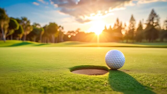 Golf Ball on the Green at Sunset.