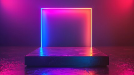 Vibrant neon glowing frame on dark showcase platform against colorful gradient background for modern presentations and creative projects.