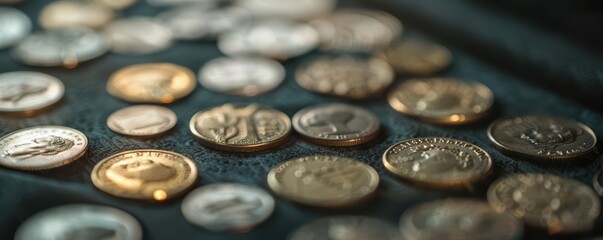 Close up of a collection of old coins scattered on a dark surface.