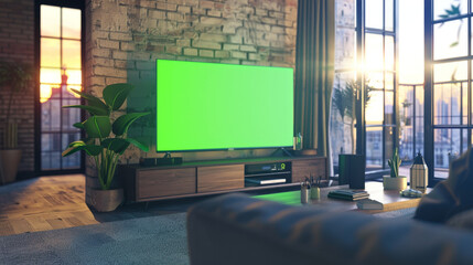 Modern loft apartment with TV stand and green screen on TV. Empty living room with placeholder on monitor. Sunset shot.