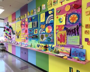 A colorful wall display of student artwork and projects showcasing the creativity and encouragement provided by teachers
