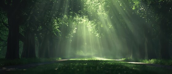 Obraz premium Sunbeams illuminate a path through a dense forest.