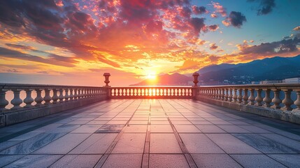 Empty square floor and bridge with sky cloud background at sunset