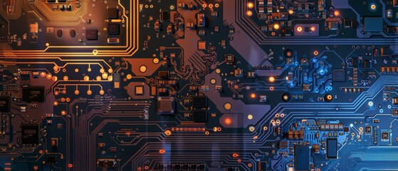 Fototapeta premium Panoramic close-up, high detail scan of circuit board manufacturing texture, Generative AI 