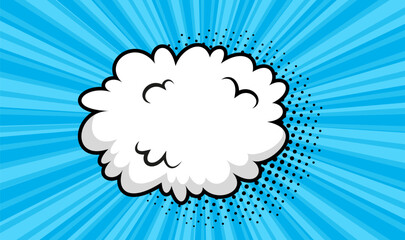 Cartoon smoke cloud background. Comic speed clouds on blue background. Retro frame with balloons and wind. Funny shapes in pop art style. Speech bubble element. Vector illustration.
