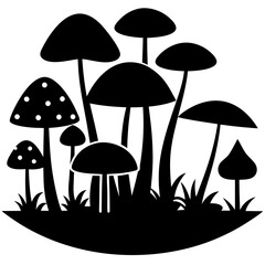 A clean and simple vector illustration of a small forest scene featuring multiple mushroom types in black and white ideal for nature-themed digital art