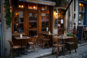 Small cozy street cafe exterior with a outdoor tables. AI generative