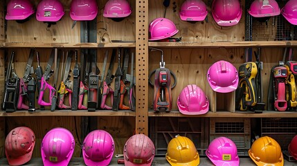 At the place of work tools with pink helmets are used by techs and creators ideas