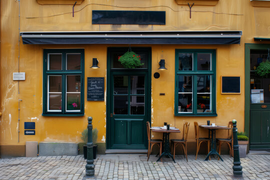Small cozy street cafe exterior with a outdoor tables. AI generative