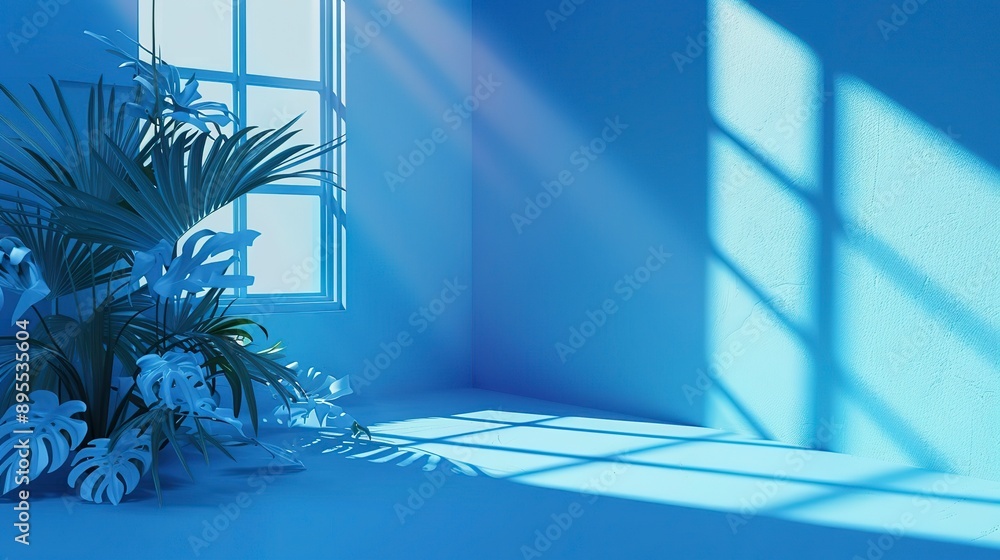 Poster abstract gradient blue studio background for product presentation empty room with shadows of window 