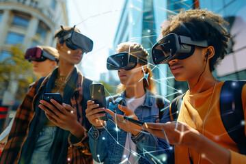 A group of diverse friends engages with virtual reality headsets and smartphones in a bustling urban setting, showcasing technology and modern digital interaction.