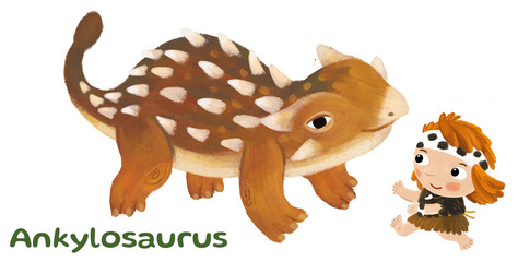 caveman human cartoon happy and funny colorful prehistoric dinosaur dino ankylosaurus isolated illustration with child pointing on animal © honeyflavour