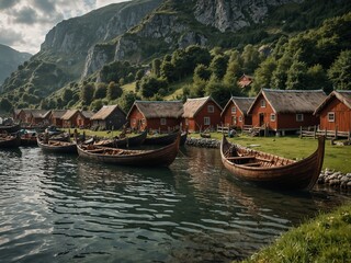 A Viking village with wooden houses and longships, villagers busily preparing to set sail