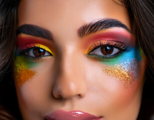 Naklejka premium Beautiful young woman with bright colorful make-up and false eyelashes