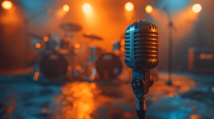 Retro microphone on a stage with blurred lights - generative ai