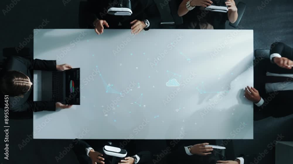 Poster top down aerial view of diverse business team wear vr headset and connect with cloud server while si