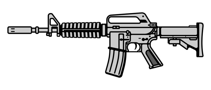recommend clip art: Firearms Military automatic machine gun weapon M 16 legendary assault rifle icon line art editable stroke vector illustration. 
                    Classic armament . Automatic tactical carbine image cartoon style.