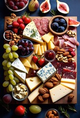 stylish cheese charcuterie board display featuring assorted cold fresh decorative garnishes entertaining, platter, fruits, nuts, decorations, meats