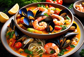 vibrant flavorful bouillabaisse bowl featuring fresh colorful aromatic herbs rich broth garnish fresh herbs, seafood, vegetables, flavors, cuisine, dish