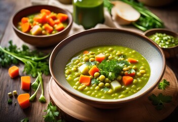 delicious hearty split pea soup garnished fresh herbs vegetables rustic bowl, green, broth, savory, rich, meal, cuisine, dish, food, cooking, recipe
