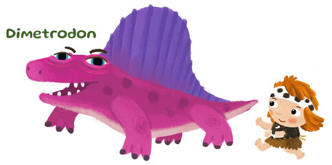 caveman human cartoon happy and funny colorful prehistoric dinosaur dino dimetrodon isolated illustration with child pointing on animal