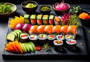 vibrant colorful veggie sushi artfully arranged fresh ingredients eye catching presentation delightful culinary experience, rolls, rice, seaweed, vegetables