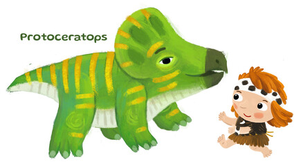 caveman human cartoon happy and funny colorful prehistoric dinosaur dino protoceratops isolated illustration with child pointing on animal