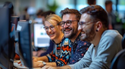 Board of business people working happily surrounded by technology, cluster business environment.
