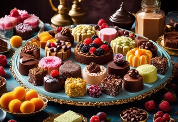 elegant dessert tray displaying assortment colorful treats decorative surface, sweets, pastries, cake, cookie, chocolate, macaron, cupcake, tart, mousse