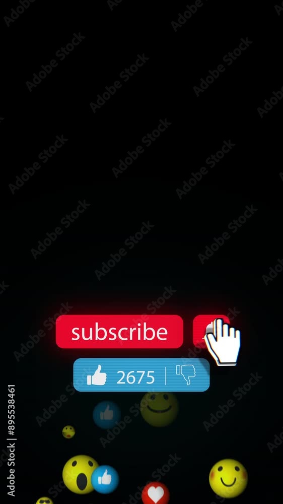Poster subscribe, like and notification bell buttons for social media content as hud overlay with reaction 