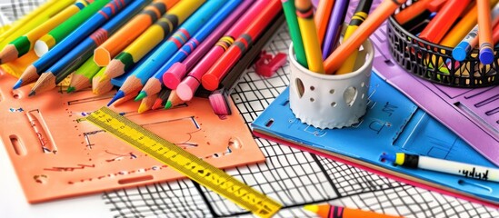 Fototapeta premium Colorful and detailed educational photo of school supplies, perfect for creative settings.