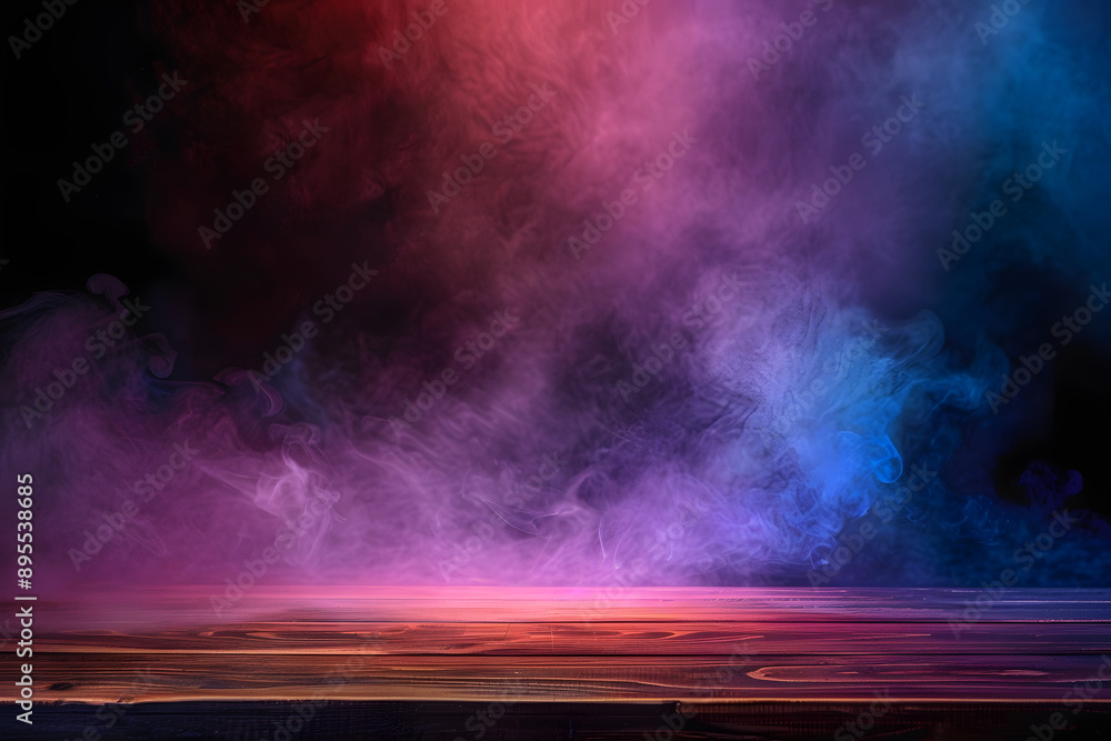 Poster empty wooden table with colorful smoke float up on dark background