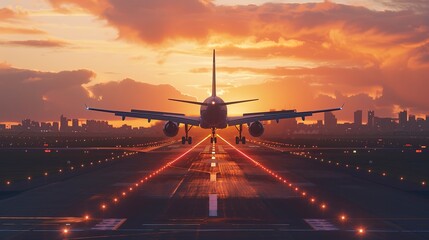 Passengers airplane landing to airport runway in beautiful sunset light, silhouette of modern city on background, panoramic banner background. 