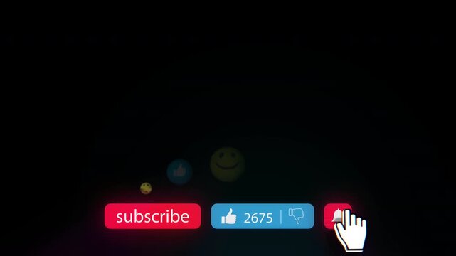 Subscribe, like and notification bell buttons for social media content as hud overlay with reaction icons and symbols, mouse pointer clicks, digital animation on black for your channel
