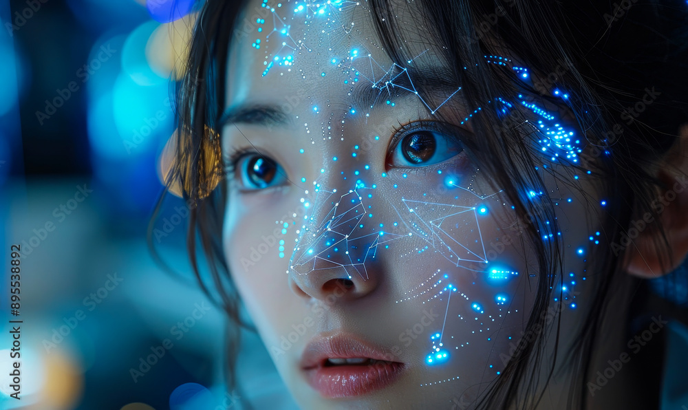 Poster female face with digital overlay hologram in futuristic setting at night, concept of technological i