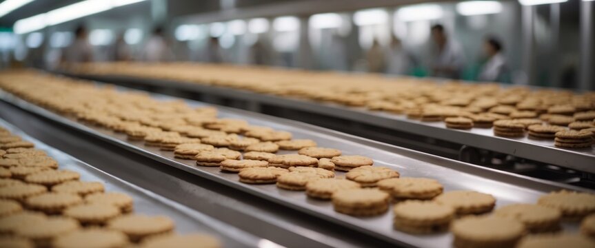 Efficient cookie production line with biscuits on conveyor belt in a busy confectionery factory.