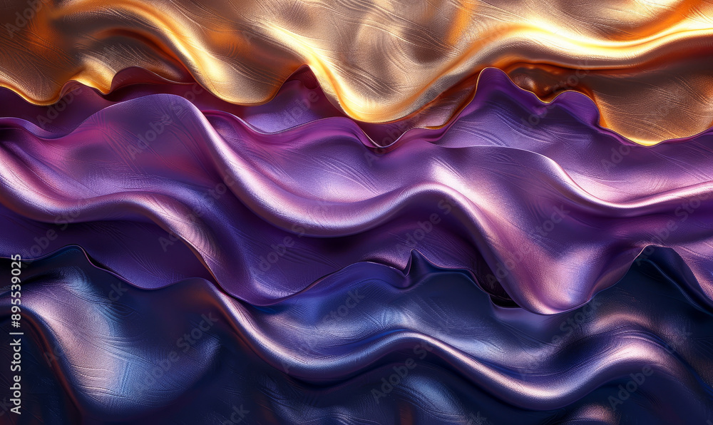 Poster wavy golden and purple metallic 3d abstract background with textured layers for graphic design and c