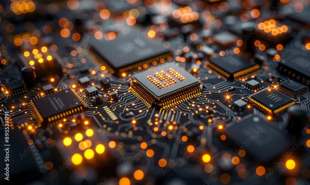 Poster glowing electronic circuit board representing data security in modern technology development during 