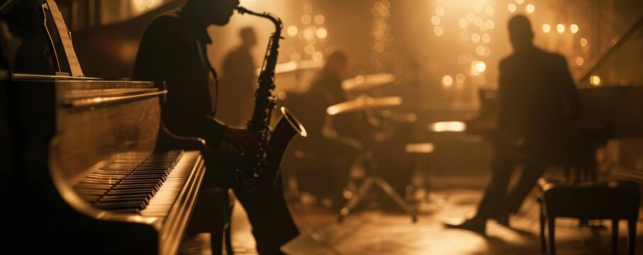 Silhouette of a jazz musician playing saxophone with a piano in the foreground.