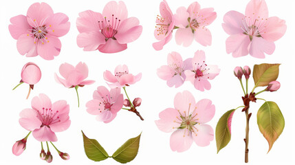 Pink cherry blossoms in full bloom. Set of realistic petals, flowers, branches, and leaves. Perfect for spring-themed designs.