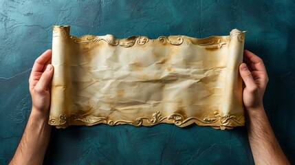 Hands holding an old vintage scroll on a textured green background.