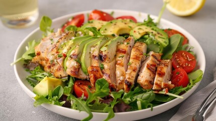 Grilled chicken salad with avocado, tomatoes, and mixed greens.