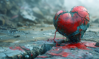 Shattered Red Heart on Cracked Ground Representing Emotional Pain, Heartbreak, and Loss in a Desolate Setting, Moody Atmosphere
