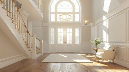 Luxurious home entry with a pastel coral staircase expansive front door and light hardwood flooring extending to a high ceiling Soft inviting style 