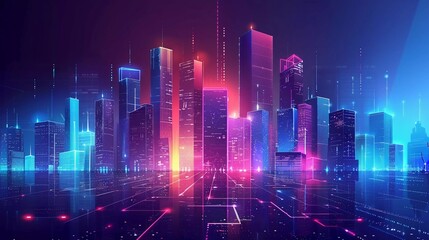 vactor illustration of urban architecture, cityscape with space and neon light effect. Modern hi-tech, science, futuristic technology concept. Very beautiful abstract digital high tech city