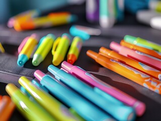 A neatly arranged set of colored markers and highlighters on a desk representing the tools used by teachers to make learning engaging and fun