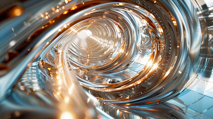 Futuristic Chrome Puzzle Tunnel with Abstract Lighting, Intricate Reflections, and Metallic Surface - Concept of Technology, Innovation, and Complexity
