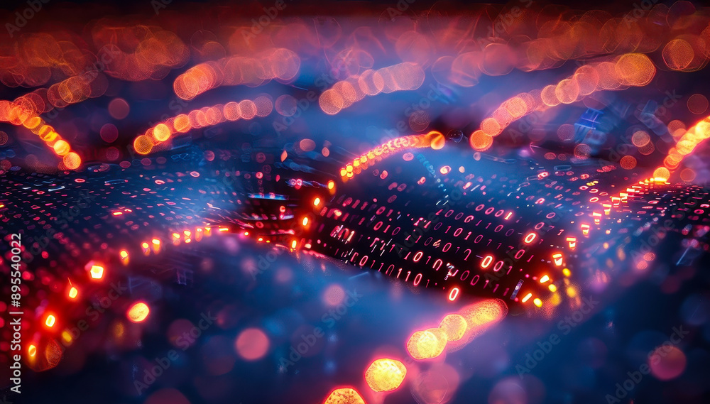 Poster abstract digital data flow with binary code and glowing fiber optics representing cybersecurity tech